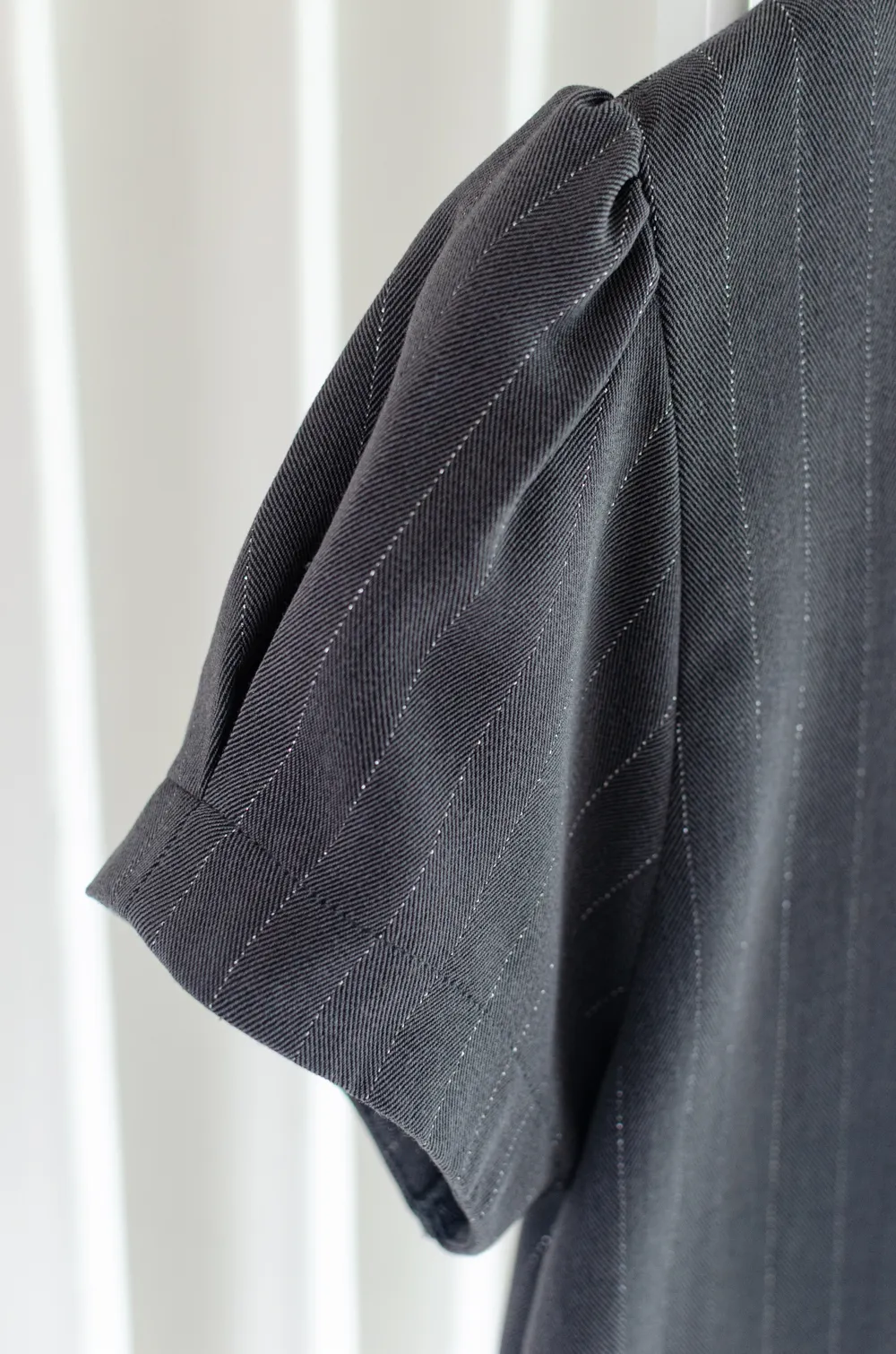 Alternative view of MT0206 Folded Sleeve Shimmer Pinstripe Blouse – Dark Grey