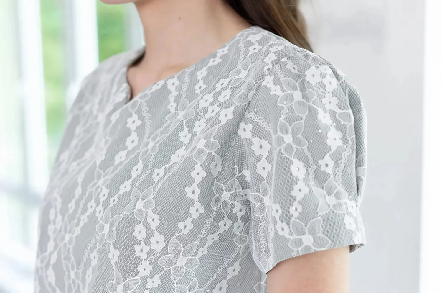 Alternative view of MT0206 Folded Sleeve Lace Blouse – Light Grey