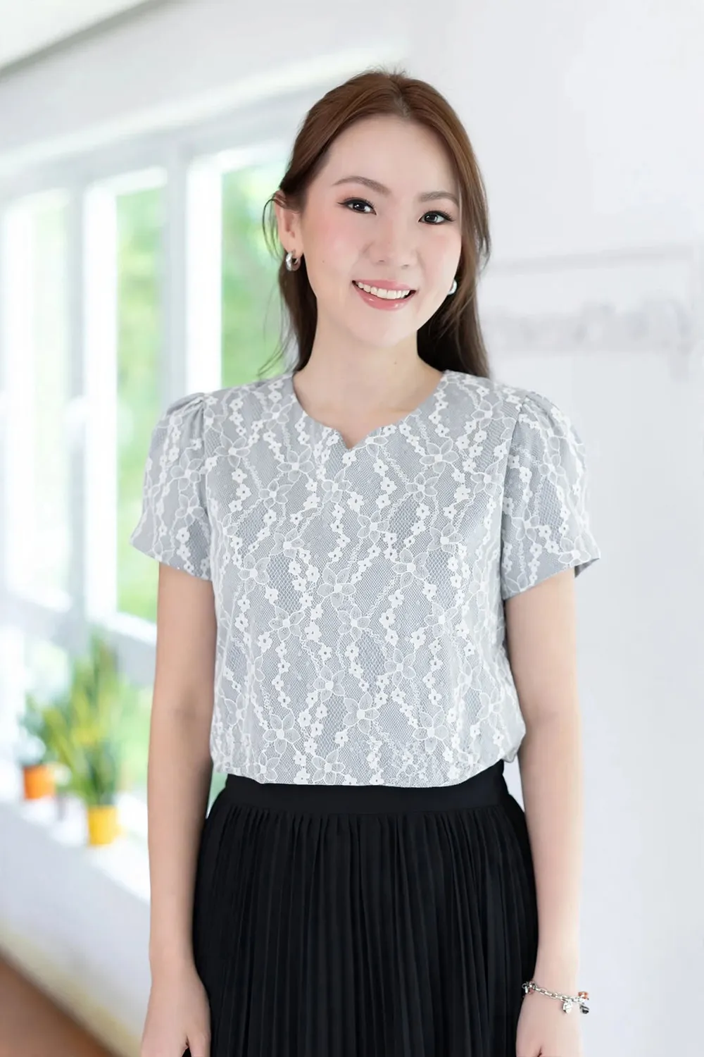 MT0206 Folded Sleeve Lace Blouse – Light Grey - Image 3