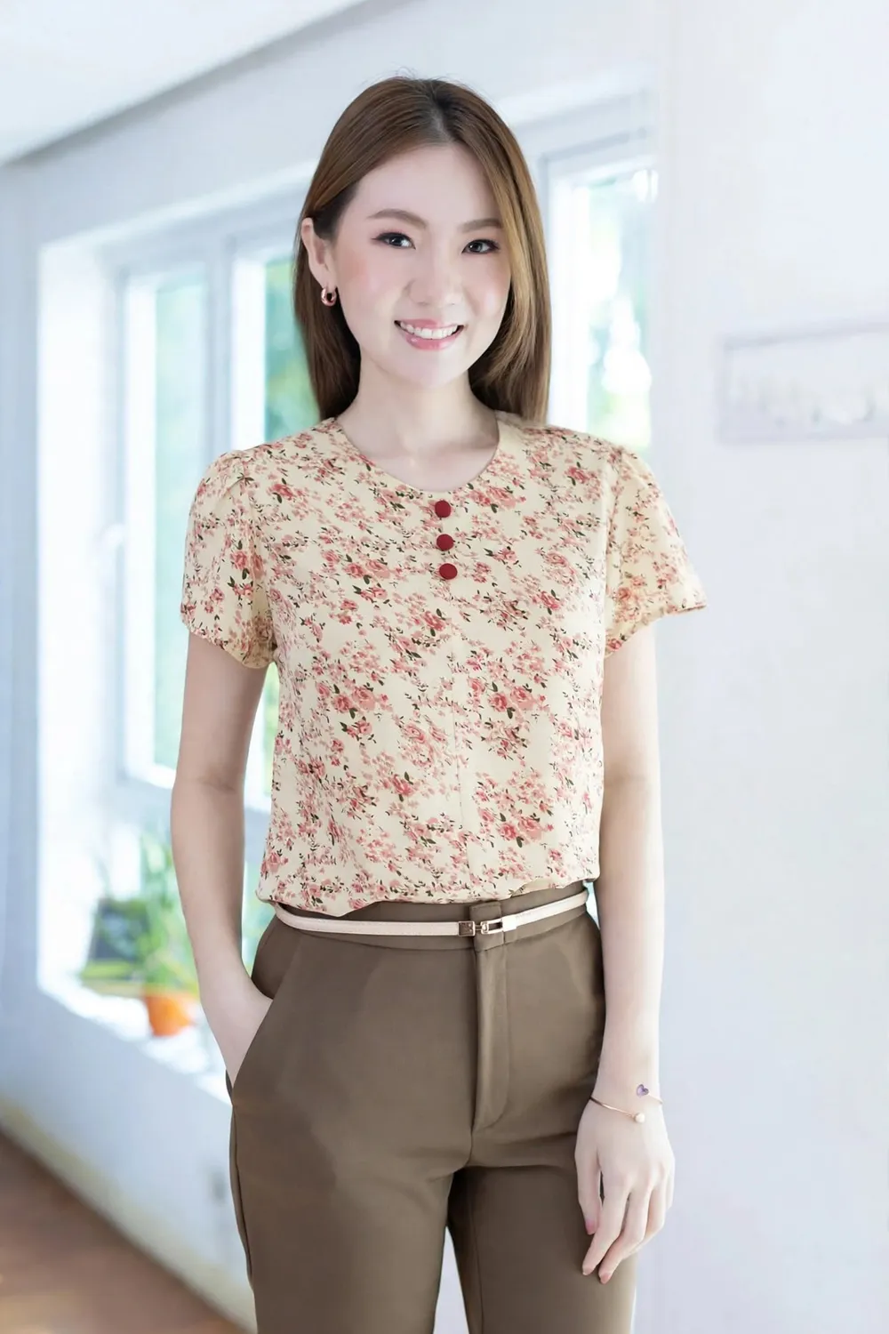 MT0301 Triple Button Floral Blouse – Cream - Image 4