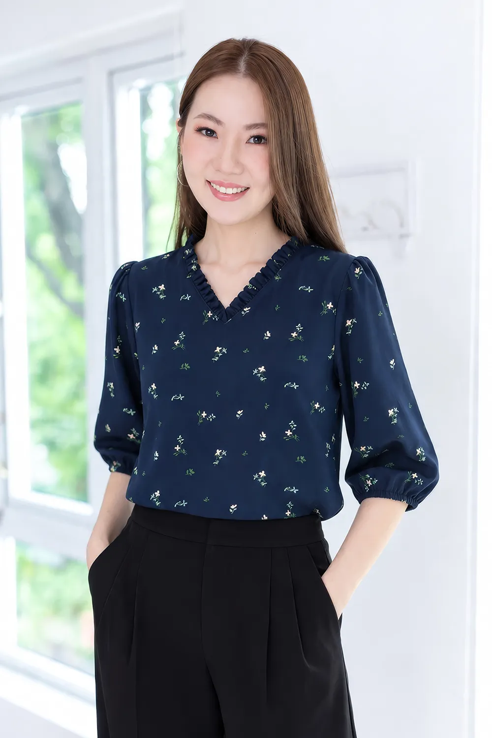 MT7555 Ruff V-Collar Whisper Blouse – Dark Navy