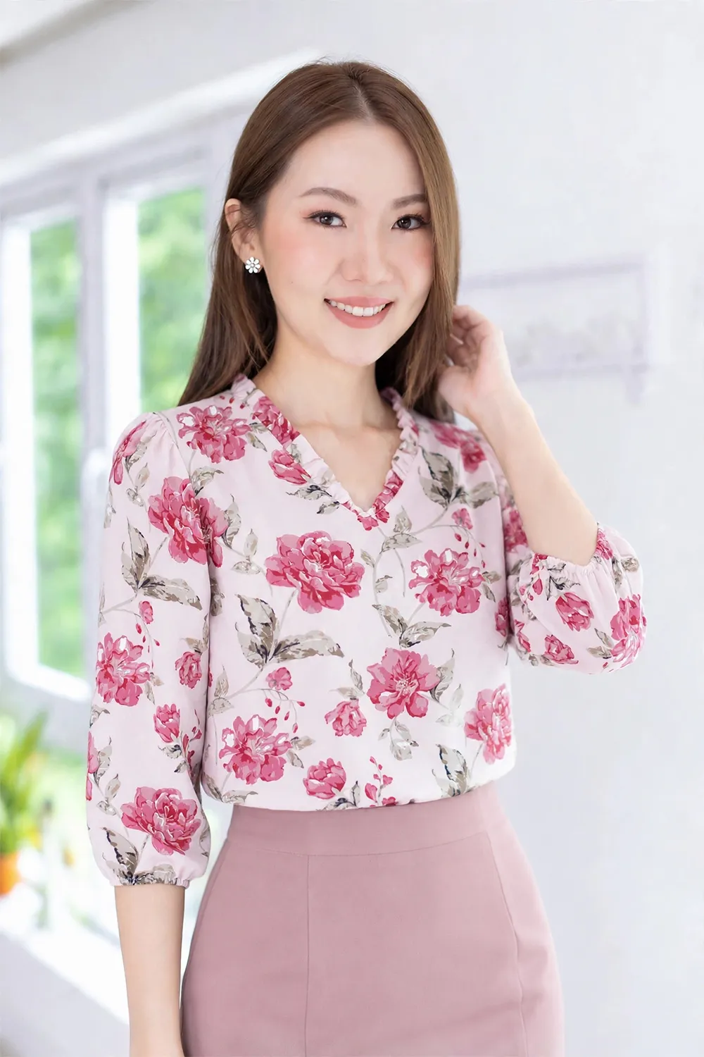 MT7555 Ruff V-Collar Rosalia Blouse – Pink