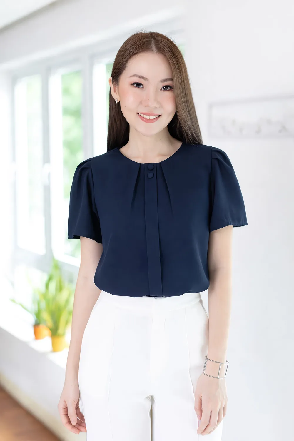 NT2481 Double Button Placket Blouse – Navy Blue