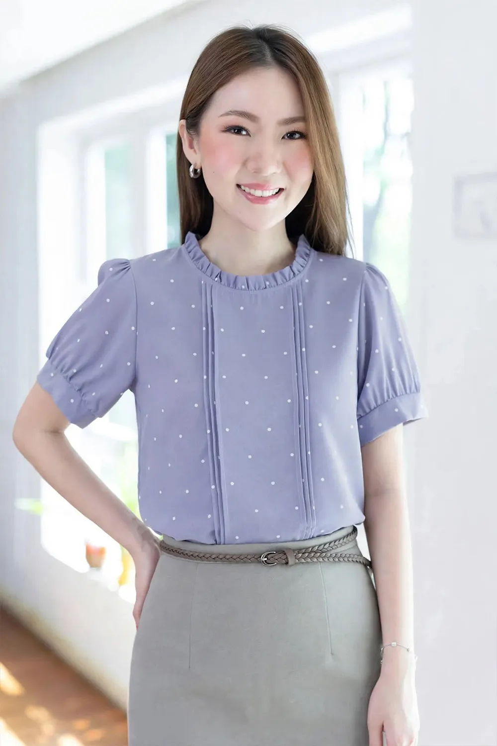 MT0404 Ruff Collar Balloon Sleeve Blouse – Purple Dot