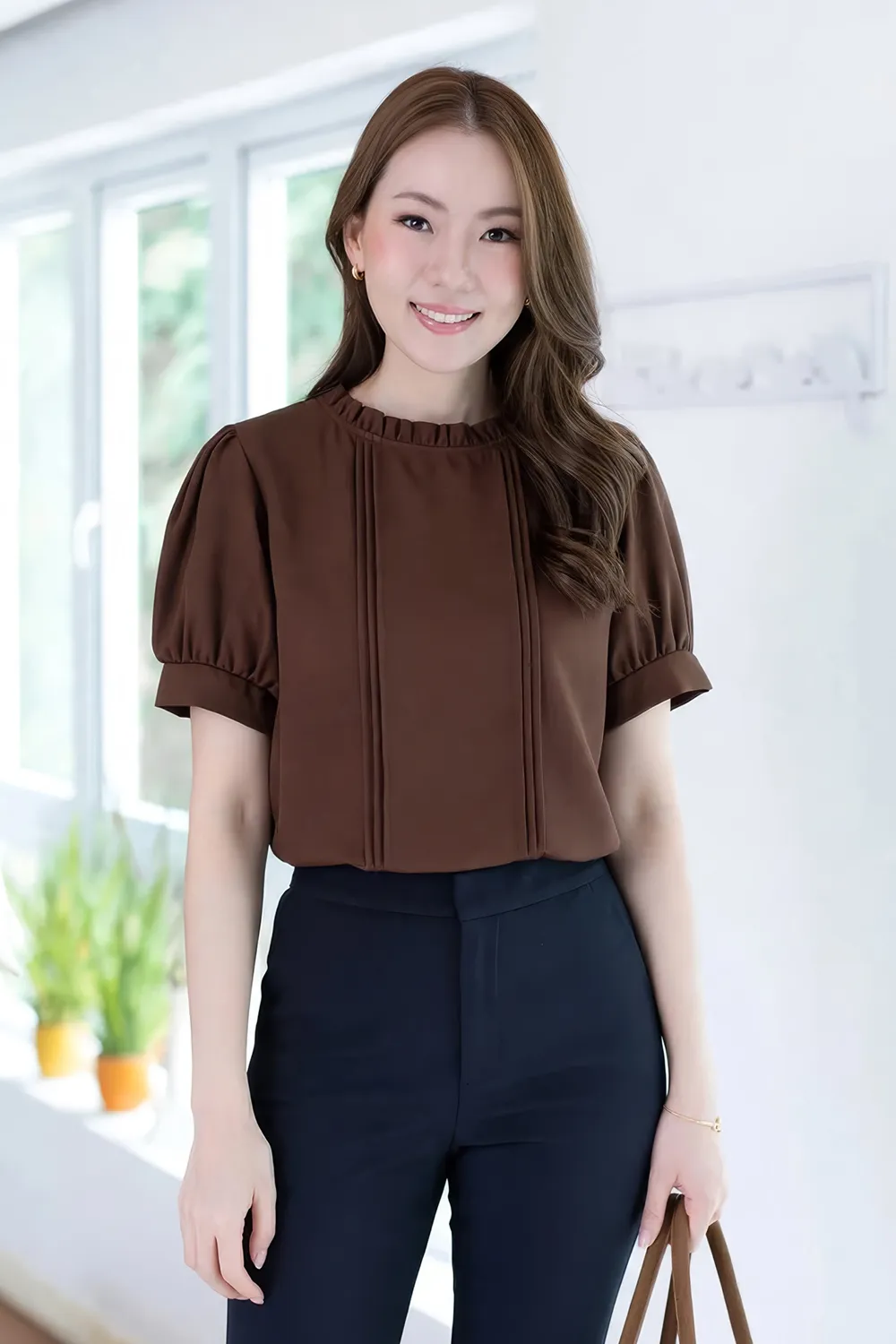 MT0404 Ruff Collar Balloon Sleeve Blouse – Dark Brown