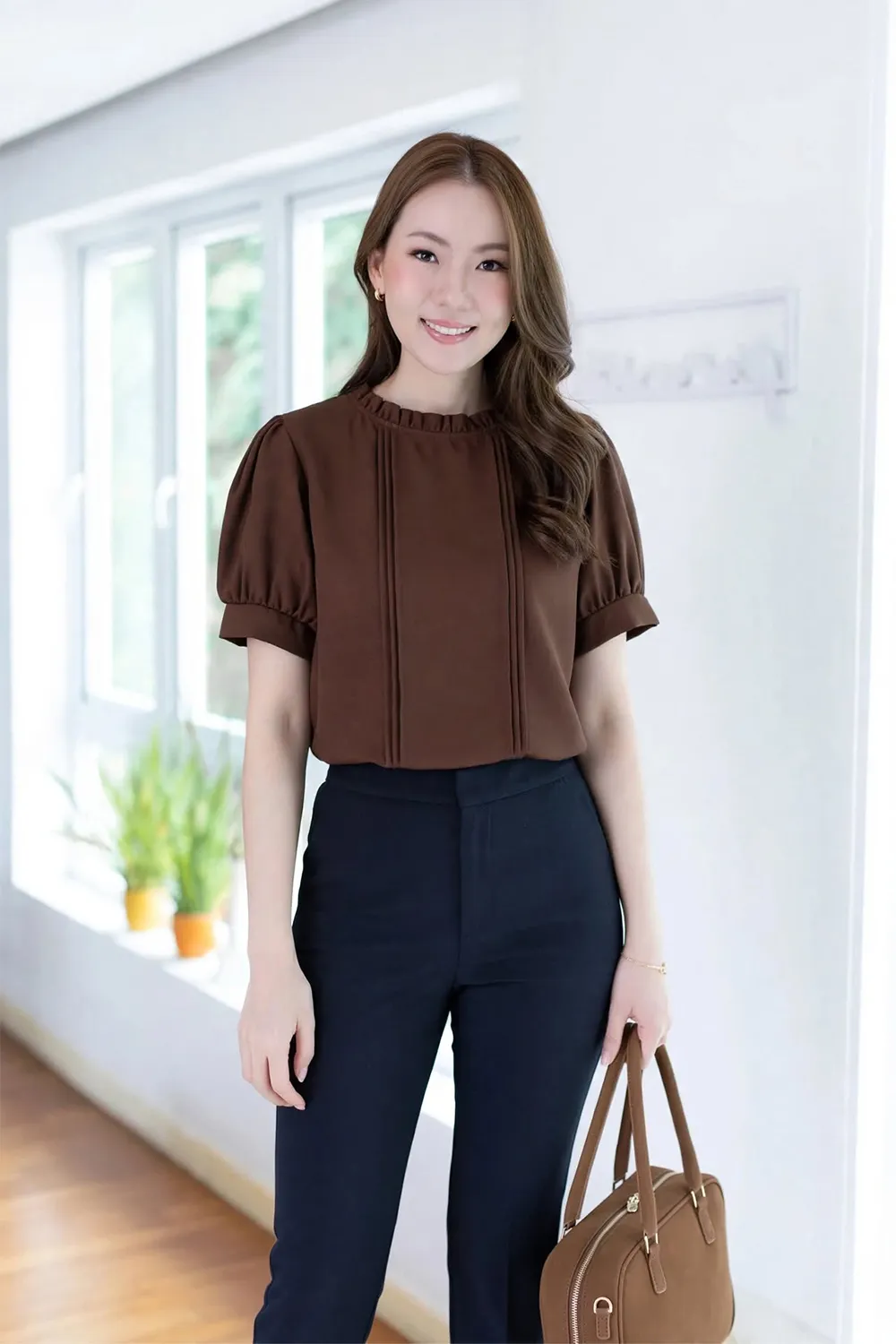 MT0404 Ruff Collar Balloon Sleeve Blouse – Dark Brown - Image 6