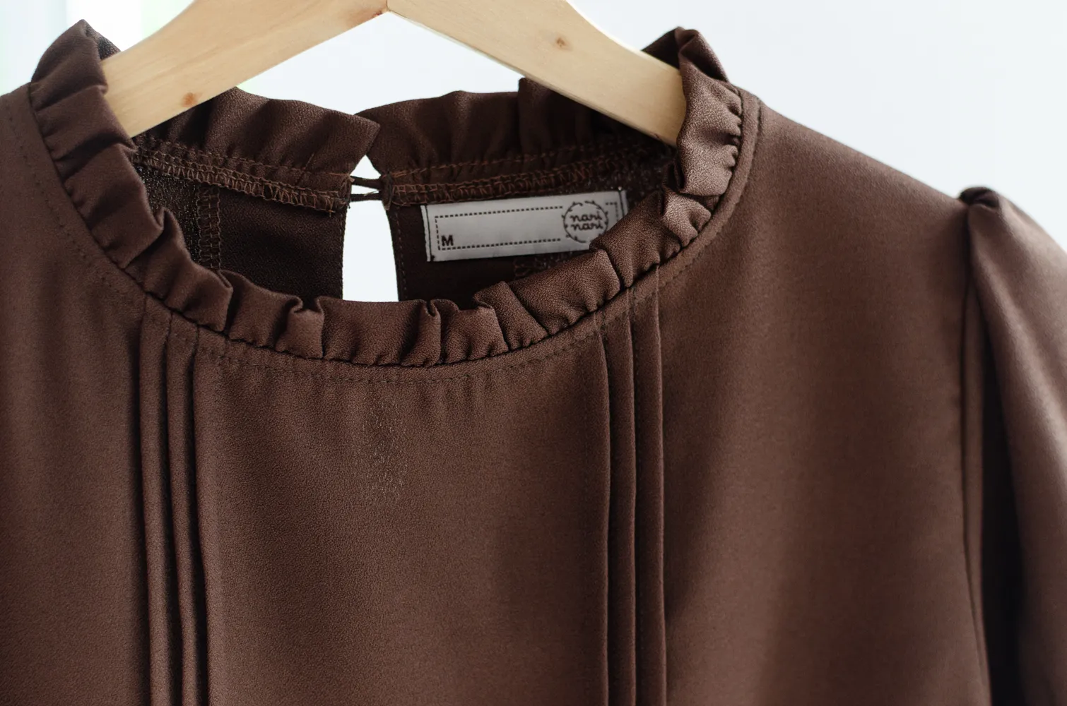 MT0404 Ruff Collar Balloon Sleeve Blouse – Dark Brown - Image 4