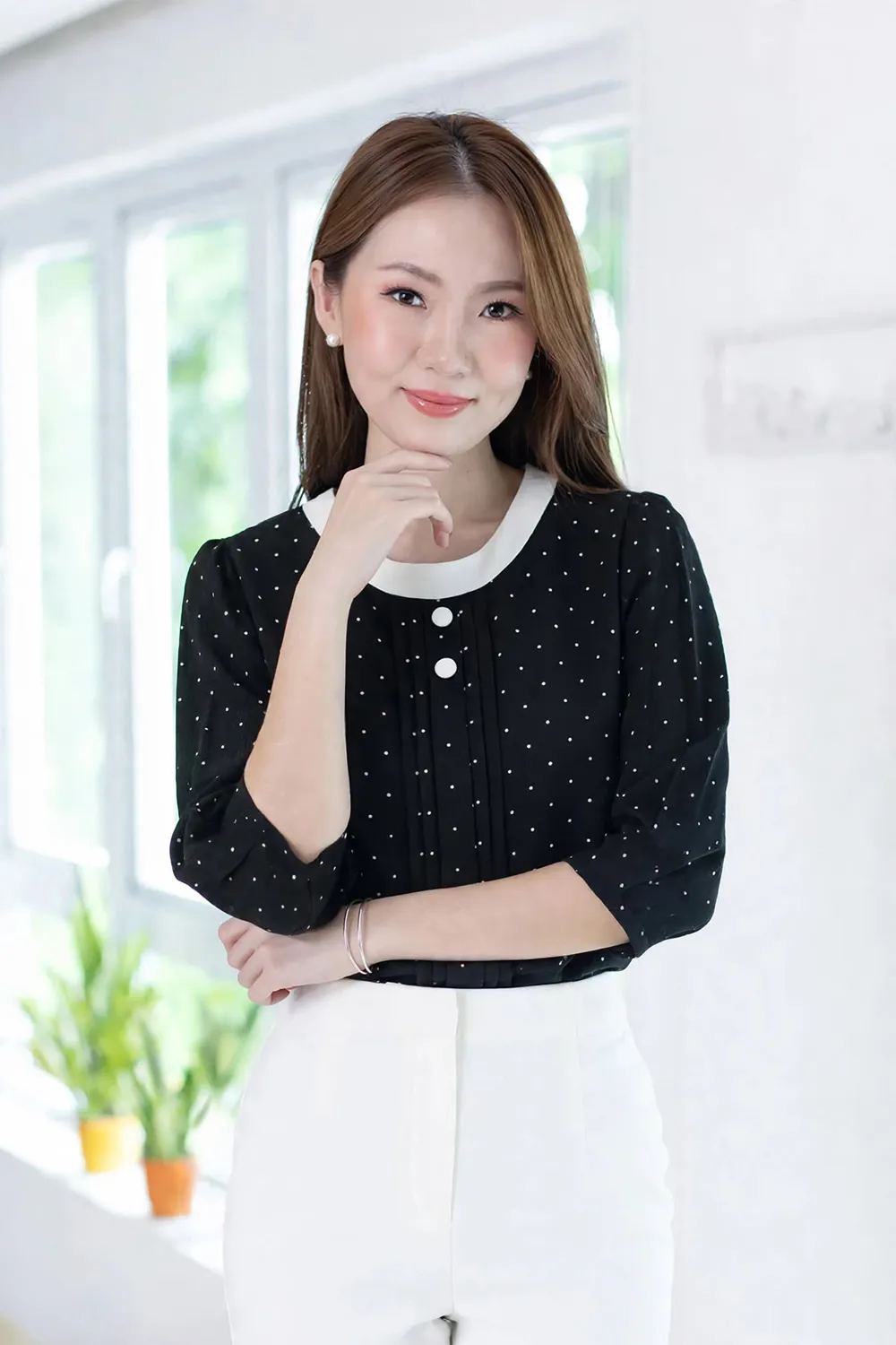 MT5842 Polka Dot Front Tuck Crinkled Blouse – Black