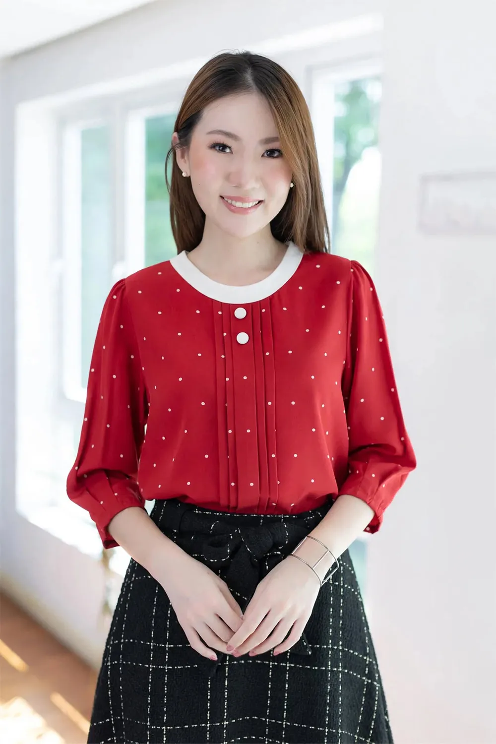 MT5842 Polka Dot Front Tuck Blouse – Red